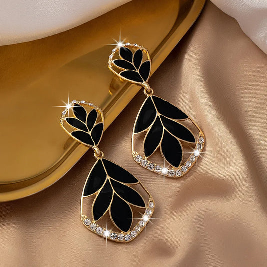 Retro Black Enamel Leaf Drop Earrings - Geometric Fashion Jewelry for Women