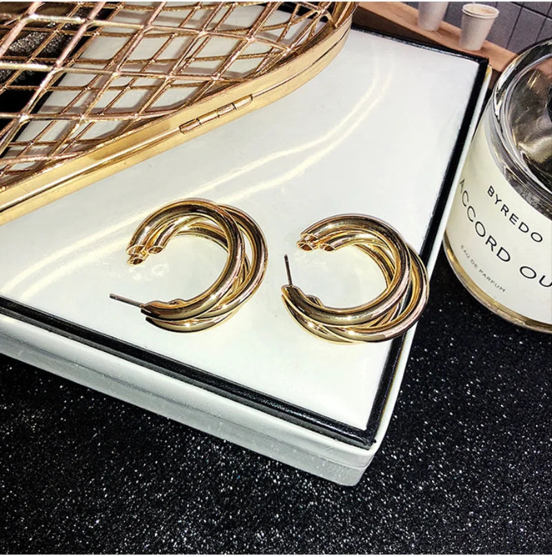 Korean Gold Hoop Earrings - Vintage Geometric Luxury Jewelry for Women