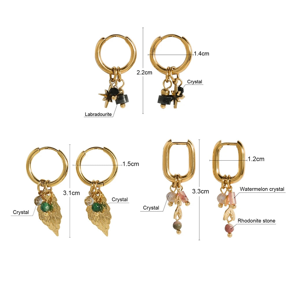 18K Gold Plated Hoop Earrings with Green Natural Stone Charms - Trendy Waterproof Jewelry