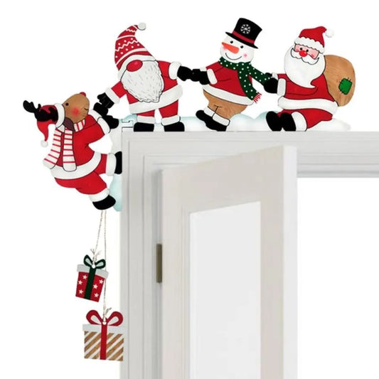 "Wooden Santa & Snowman Door Corner Decor – Festive Door Frame Sign with Reindeer for Christmas Party & Home Decoration!"