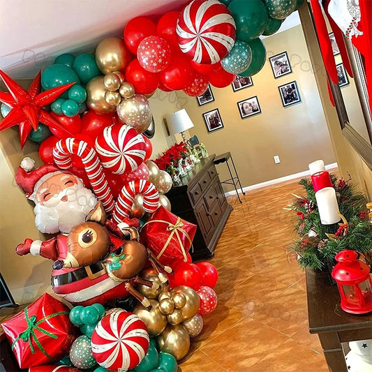 "Christmas Balloon Garland Arch – Festive Green & Red Candy, Santa, Reindeer, & Star Foil Balloons for 2024 Holiday Party Decor!"