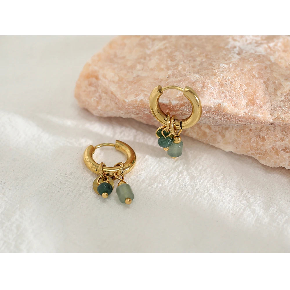 18K Gold Plated Hoop Earrings with Green Natural Stone Charms - Trendy Waterproof Jewelry