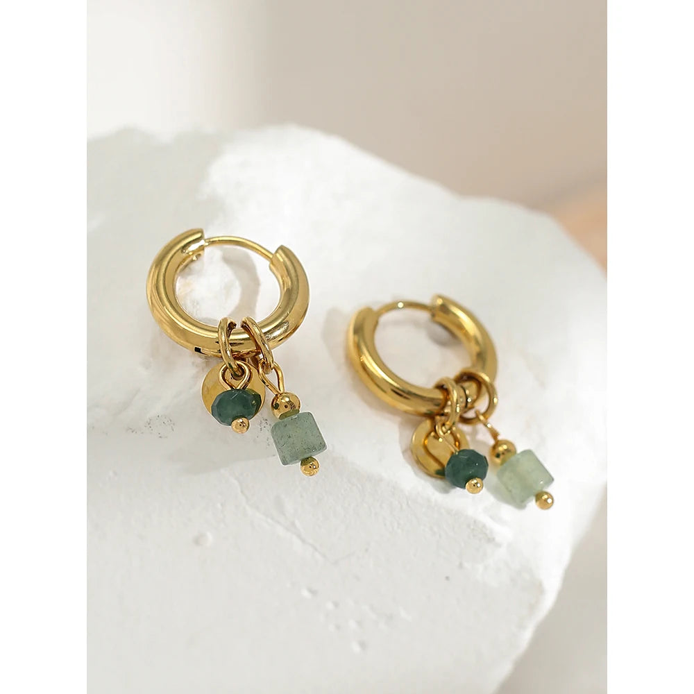 18K Gold Plated Hoop Earrings with Green Natural Stone Charms - Trendy Waterproof Jewelry