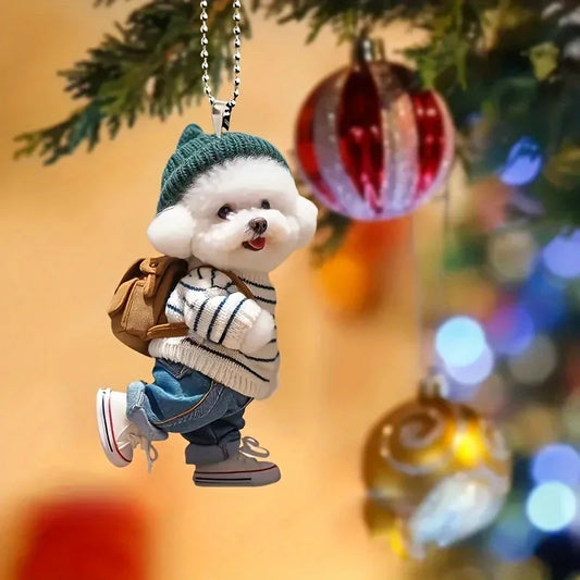 "Cute 2D Acrylic Puppy Pendant – Trendy Teddy Dog Ornament for Backpacks, Xmas Tree, Car Decor & Holiday Gifts!"