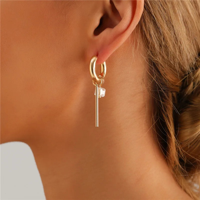 Asymmetric Square Crystal Hoop Earrings - Silver Street Style Elegance