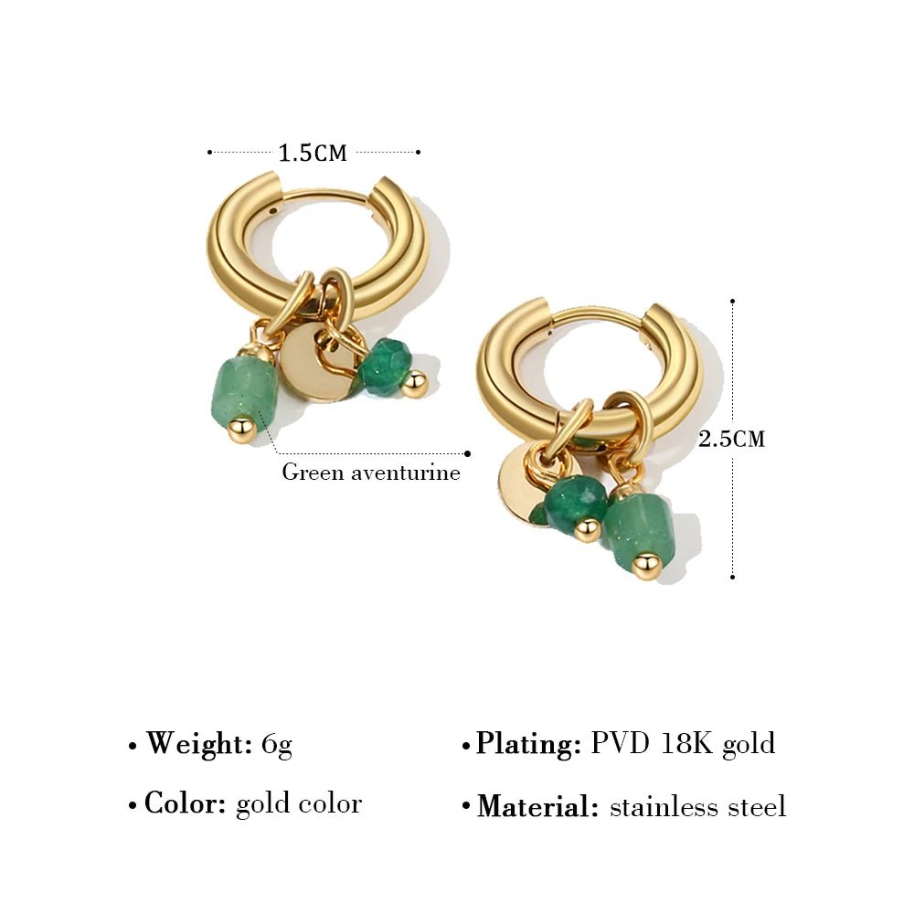 18K Gold Plated Hoop Earrings with Green Natural Stone Charms - Trendy Waterproof Jewelry