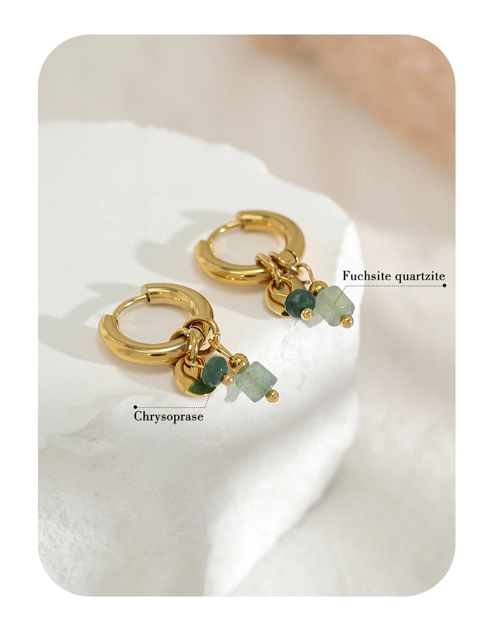 18K Gold Plated Hoop Earrings with Green Natural Stone Charms - Trendy Waterproof Jewelry