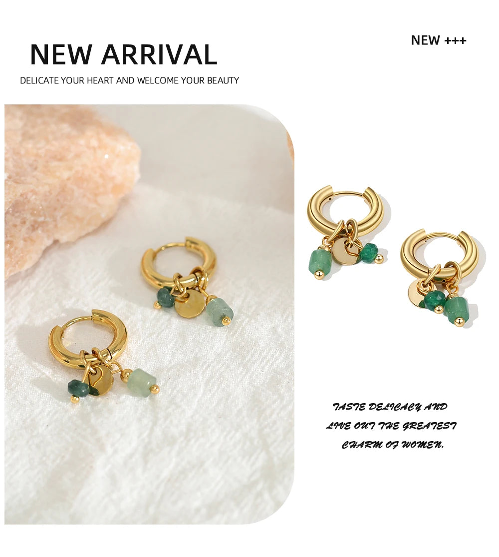 18K Gold Plated Hoop Earrings with Green Natural Stone Charms - Trendy Waterproof Jewelry