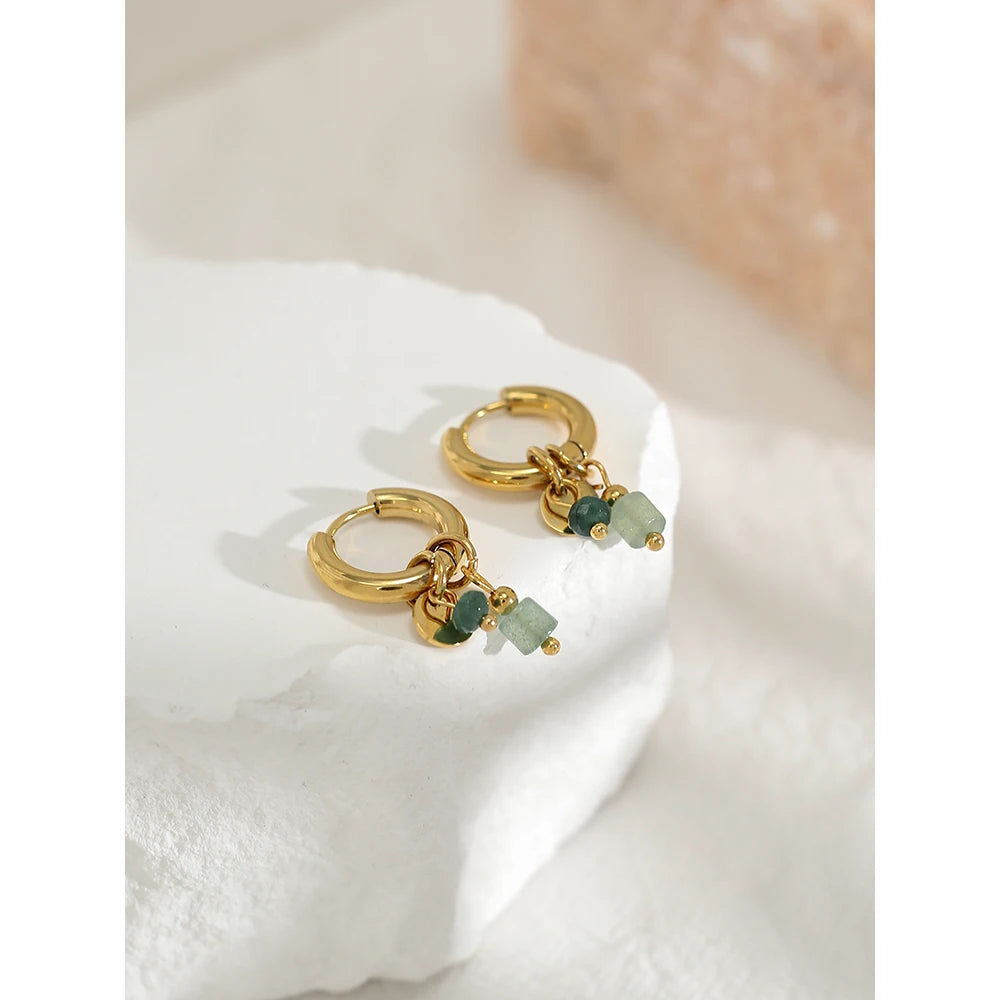 18K Gold Plated Hoop Earrings with Green Natural Stone Charms - Trendy Waterproof Jewelry