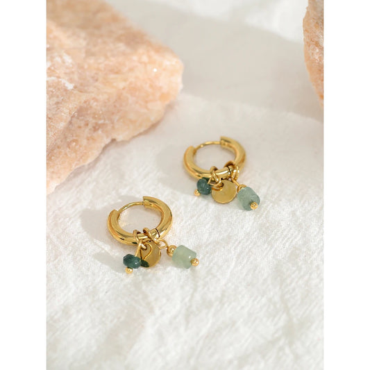 18K Gold Plated Hoop Earrings with Green Natural Stone Charms - Trendy Waterproof Jewelry